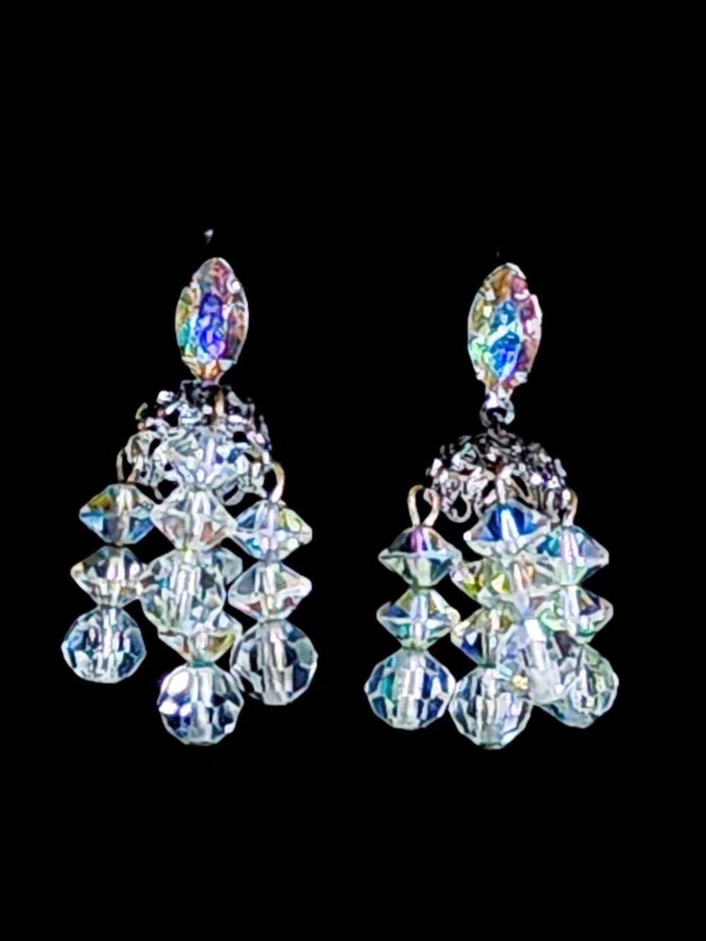 VTG Signed Lewis Segal CA 3D Aurora Borealis Crystal Pierced Clip Earrings 1960s